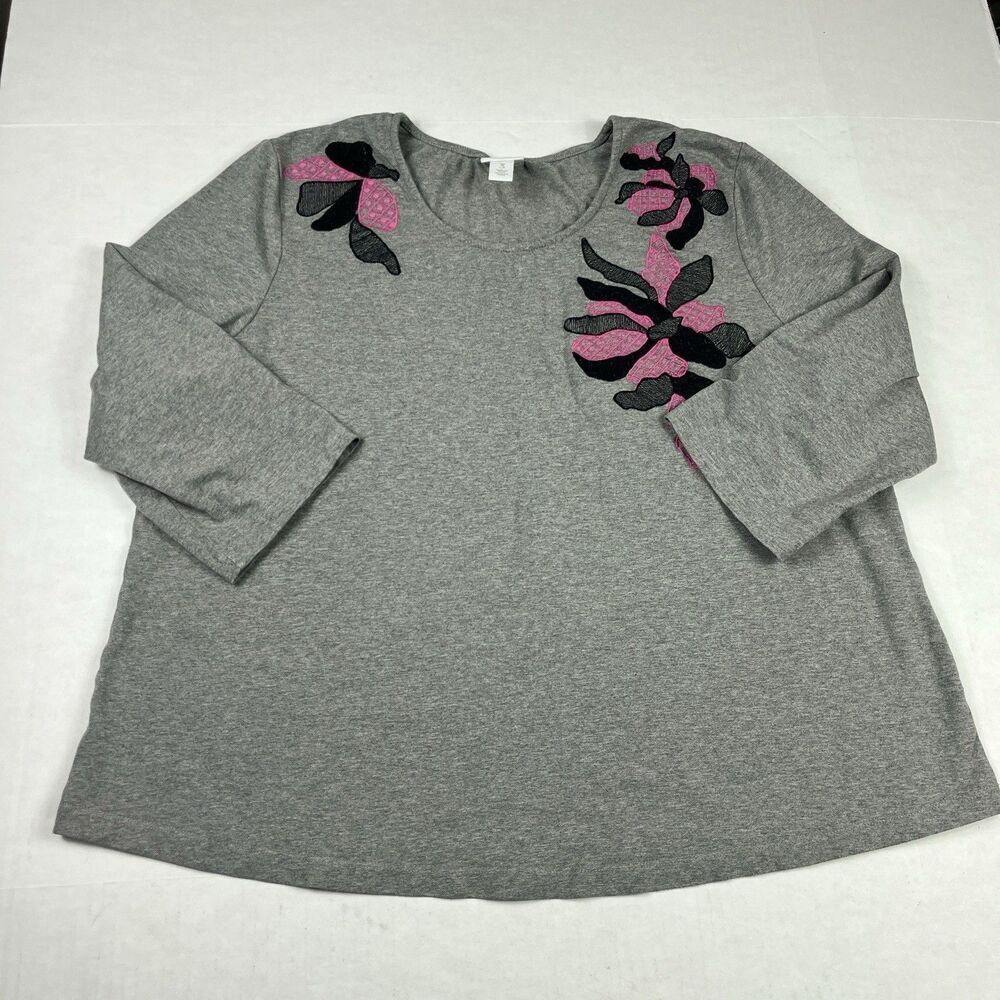 Chicos Weekends Embroidered 3/4 Sleeve Top Gray Casual Comfort Wear Shirt 3 XL